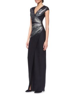 Womens Cap Sleeve Wraparound Gown   Pamella Roland   Black gold silver (8)