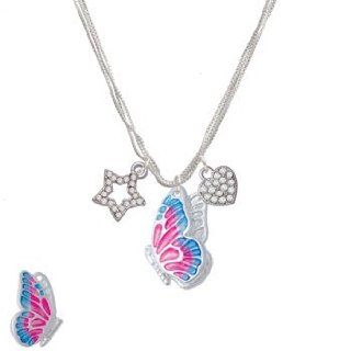 Large Translucent Hot Pink & Blue Flying Butterfly LuckyStar Silver Necklace: Pendant Necklaces: Jewelry