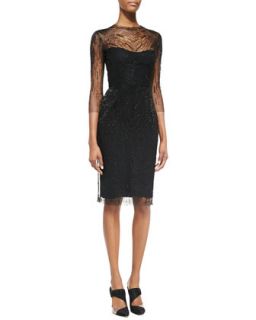 Womens 3/4 Sleeve Sequined Overlay Cocktail Dress, Black   Monique Lhuillier  