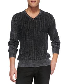 Mens V Neck Cable Knit Sweater, Black   John Varvatos Star USA   Black (MEDIUM)