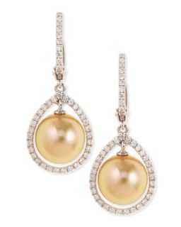 18k Golden South Sea Pearl & Diamond Halo Earrings   Eli Jewels   Gold (18k )
