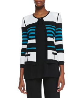 Womens Stripe Detail Open Front Jacket   Misook   Pea/Black/White (X LARGE