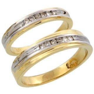 14k Gold 2 Piece His (5mm) & Hers (3.5mm) Diamond Wedding Band Set w/ Rhodium Accent, w/ 0.18 Carat Brilliant Cut Diamonds; Ladies Size 7.5: Jewelry