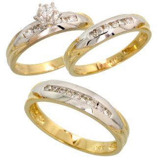 14k Gold Trio 3 piece His (5mm) & Hers (4mm) Wedding Band Set w/ Rhodium Accent, w/ 0.50 Carat Brilliant Cut Diamonds; (Men's Size 9 to 12); Ladies' Size 8: Jewelry