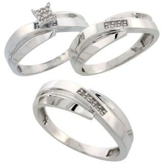Sterling Silver Diamond Trio Wedding Ring Set His 7mm & Hers 6mm Rhodium finish, Men's Size 8 to 14: Jewelry