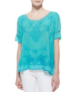 Womens Short Sleeve Embroidered Rose Scalloped Top, Aqua Jade   Johnny Was