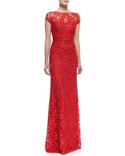 Womens Short Sleeve Ruched Waist Lace Gown, Red   David Meister   Red (8)
