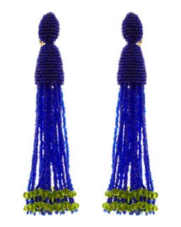 Long Beaded Tassel Clip Earrings, Mulberry Blue/Green   Oscar de la Renta  