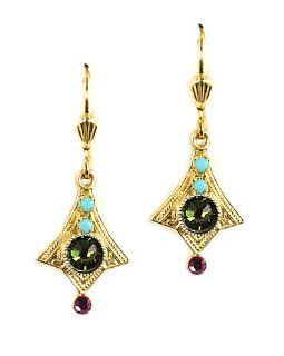Clara Beau Gold Plated Art Deco Filigree Khaki Green Swarovski Crystal Dangle Earrings: Jewelry