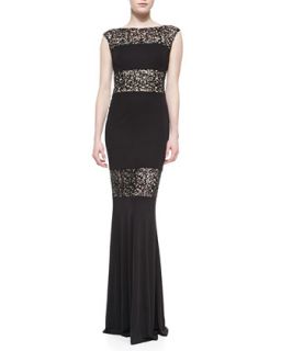 Womens Cap Sleeve Lace Illusion Gown, Black   David Meister   Black/Nude (2)