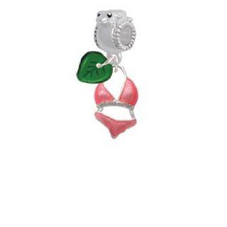 Hot Pink Bikini Frog Charm Bead with Green Leaf: Jewelry