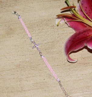 Unique Pink Leather Bracelet with Crystal Cross and Silver Chain   Collectible Figurines