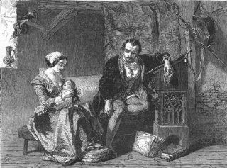 FAMILY: Invention of stocking loom, antique print, 1847  