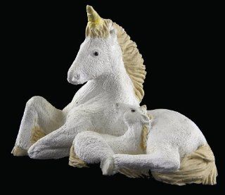 Resin Cream Colored Recumbent Mother Unicorn and Baby Figurine   Collectible Figurines
