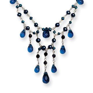 Sterling Silver Blue Goldstone/Blue Crystal/FW Cultured Pearl Necklace: Jewelry
