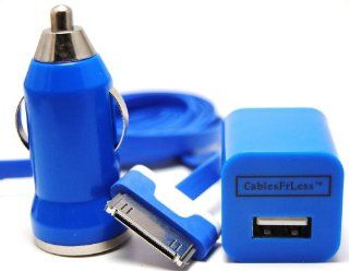 CablesFrLess 3 in 1 Blue and White Two Tone USB Tangle Free Noodle Charging Kit fits iPhone 4: Cell Phones & Accessories
