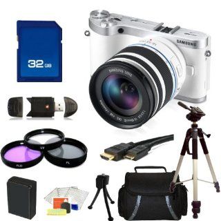 Samsung NX300 Mirrorless Digital Camera with 18 55mm f/3.5 5.6 OIS Lens (White). Includes: 3 Piece Filter Kit (UV CPL FLD), 32GB Memory Card, High Speed Memory Card Reader, Mini HDMI Cable, Extended Life Replacement Battery, Tripod, Carrying Case & Sta