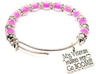 My Veteran Makes My Heart Go Boom Hot Pink Glass Beaded Bangle Adjustable Bracelet: Charm Bracelets: Jewelry