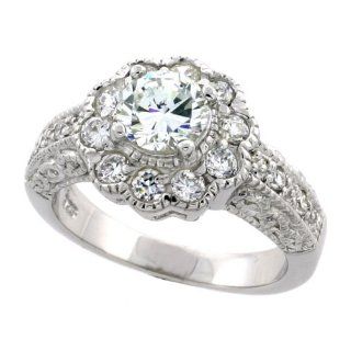 Sterling Silver Vintage Style Flower Halo Cubic Zirconia Ring with 6 mm (1 carat size) Brilliant Cut High Quality CZ Center Stone, 7/16 inch (11 mm) wide: Jewelry