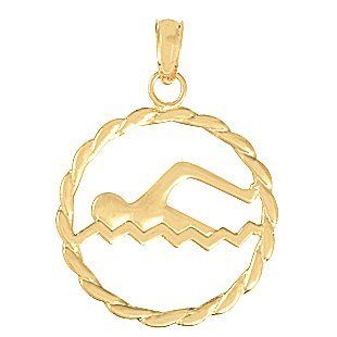 Gold Sports Charm Pendant Swimmer Inside Round Leaf Frame: Million Charms: Jewelry