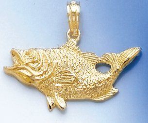 14k Gold Nautical Necklace Charm Pendant, Open Mouth Bass Fish: Million Charms: Jewelry