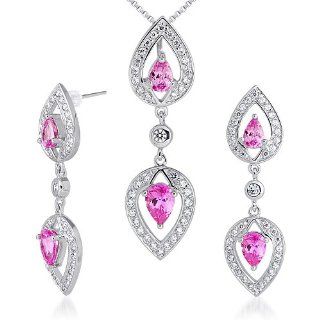 Must Have Fabulous Pear Shape Created Pink Sapphire Pendant Earrings Set in Sterling Silver Rhodium Nickel Finish: Earring And Pendant Necklace Sets: Jewelry
