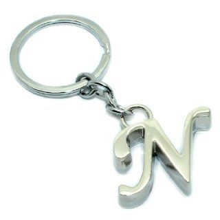 Stylish Silver Tone Metal Keychain / Key Ring with Diamante Letter N Charm: Jewelry