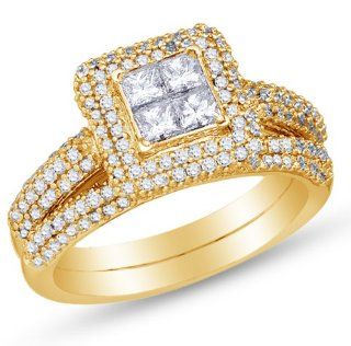 14K Yellow Gold Princess and Round Cut Diamond Bridal Engagement Ring and Matching Wedding Band Two 2 Ring Set   Halo Invisible Set Square Princess Shape Center Setting with Channel Set Side Stones   (1.28 cttw.): Jewelry