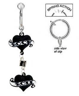 Fake Belly Navel Non Clip on Black Double 2 Heart Rock N Roll Dangle Ring: Jewelry