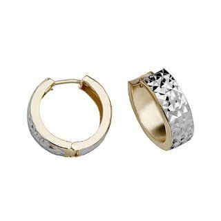 14k Yellow & White Gold 5mm Thickness Diamond cut Hoop Huggies Earrings (15mm or 0.6" Diameter): Jewelry