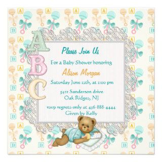 ABC Teddy Shower Invitation   Peach and Aqua Custom Invites