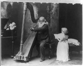 Photo: Young pupil, Old man playing harp while small girl sings, c1900, Tonnesen Sisters   Prints