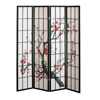4 panel Cherry Blossom Design Room Divider, 4 PANEL, BLACK  