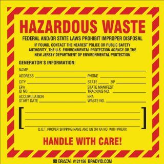 Brady 121156 Vinyl Film Hazardous Waste Labels   Label New Jersey Specific , Black,  Red On Yellow,  6" Height x 6" Width,  Legend "Hazardous Waste Federal Law Prohibits ImproLabels per DisposalEtc   New Jersey Specific" (50 Labels per 
