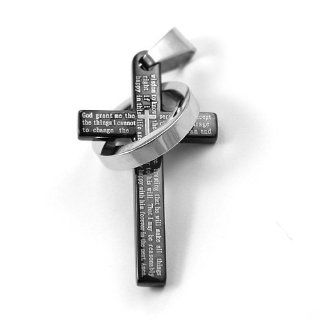 New Black Stainless Steel The Serenity Prayer Cross Design Ring Link Pendant With English Scripture & Free Chain   Length 23.6" + UK Shipped Within 24hrs Of Order Placed + Gift Packaging Included!: Jewelry