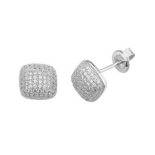 .925 Rhodium Plated Sterling Silver 9.4mm Diameter Micro Pave Cubic Zirconia Square Design Fashion Push Back Earrings: Stud Earrings: Jewelry