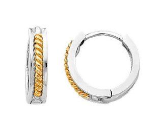 14k Two Tone 2.5mm Thickness Small Square Huggies with Twisted Rope (0.4" or 11mm): Hoop Earrings: Jewelry