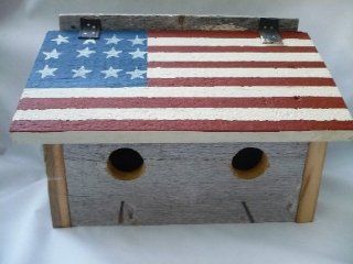 Americana Amish Handcrafted 2 Hole Birdhouse in Barnwood. Amish Handmade 2 Family Birdhouse with an American Flad Painted on the Flip Top Roof. The Two Family Bird House Is Made of Seasoned Barnwood in Excess of 100 Years Old. This Reclaimed Barn Wood Adds