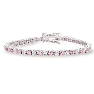 Sterling Silver 8 Inch 3mm Round Pink and Clear CZ Bracelet: Tennis Bracelets: Jewelry