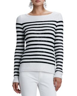 Womens Striped Sequined Long Sleeve Sweater   Oscar de la Renta   White/Black