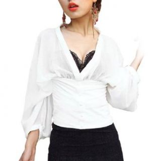 Woman See Through Deep V Neck Bishop Sleeve Blouse Top White XS at  Womens Clothing store: