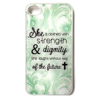 Mint Bible Quote iPhone 4 Case   Proverbs 31:25 iPhone 4 Case   "She is clothed in strength and dignity and she laughts without fear of the future"   Cross and Bible Quote iPhone 4s Case: Cell Phones & Accessories
