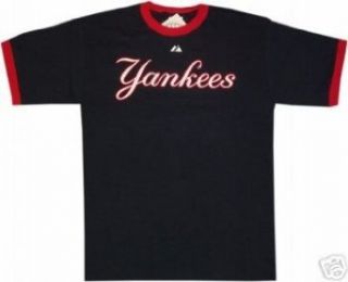 New York Yankees Navy Majestic Cursive Logo Ringer Shirt: Clothing