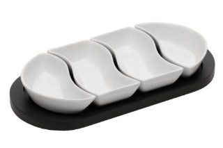 Premier Housewares Wavy Dip Schlchen aus Porzellan mit mattschwarzem Tablett wei 4 teiliges Set: Küche & Haushalt