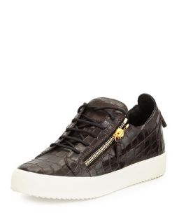 Giuseppe Zanotti Mens Croc Embossed Low Top Sneaker, Chocolate