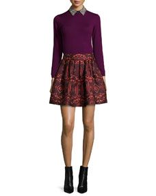 Alice + Olivia Rosalind Embellished Collar Pullover Sweater & Stora Pleated Tribal Print Skirt