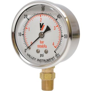 Valley Instrument Grade A Stem Mount 2 1/2in. Glycerin Filled Gauge — 0-60 PSI  Hydraulic Gauges