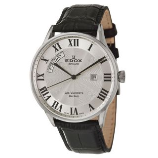 Edox Mens Les Vauberts Stainless Steel and Black Leather Swiss