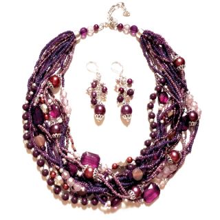Pavcus Designs Multistrand Purple Beaded Necklace and Earring Set