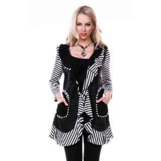 Womens Black and White Striped Open Cardigan with Ruffles  